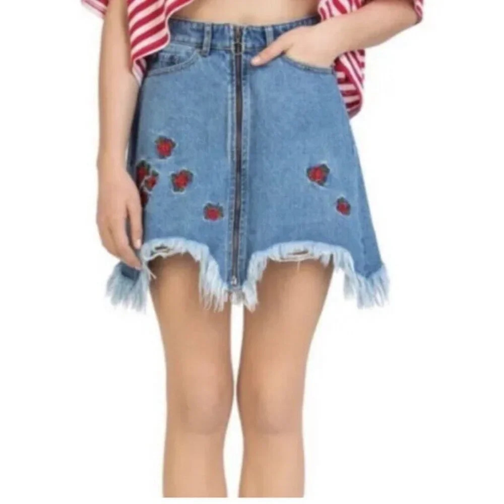 The Kooples Women's Mini Skirt Denim Jean with Rose Embroidery size 1